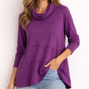 Soft Surrounding Purple Stretch Jersey Knit Blouse Top Large Tiered Cowl Neck